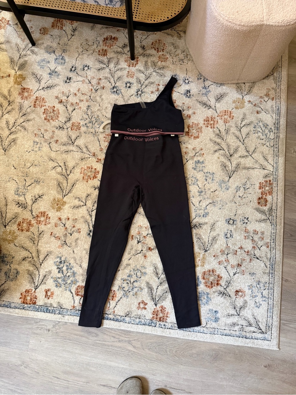 Outdoor Voices Black Leggings with matching one shoulder sports bra
